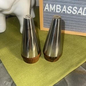 Vintage Danish Mid-Century Modern Metal and Wooden Salt and Pepper Shakers